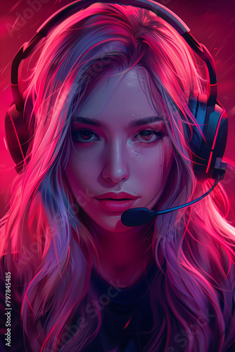 Woman gamer in esports. Illustration of a woman gamer, professional esports player. © Noize