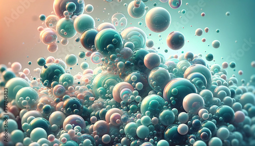 A multitude of glossy bubbles floating in space. These bubbles have a translucent appearance