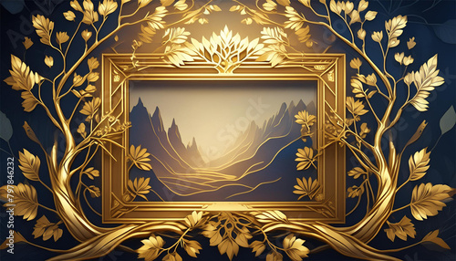 Luxury background with golden frame, leaves and mountains. 