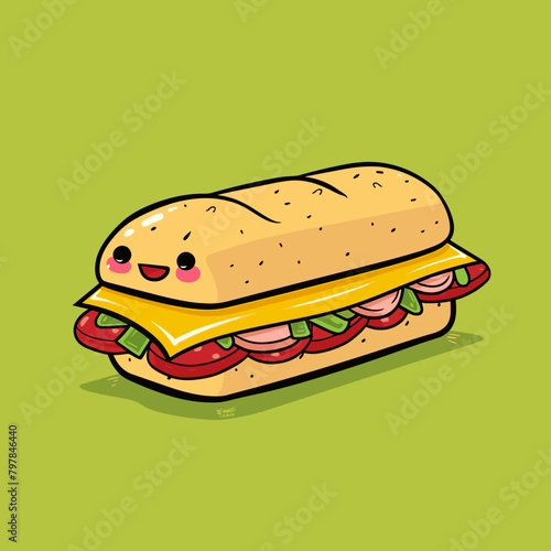 Cute and kawaii sandwich vector illustration. Isolated on green background.