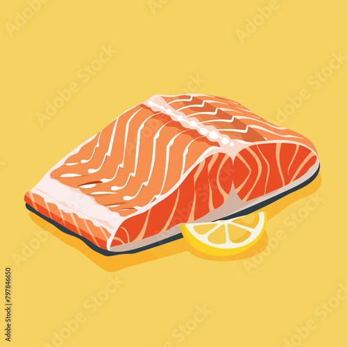 Salmon steak with lemon. Vector illustration in a flat style.