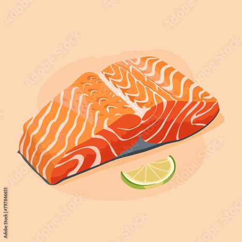 Salmon steak with lime. Vector illustration in a flat style.