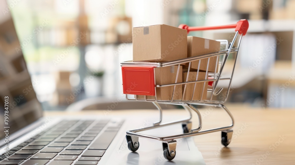 photo of online shopping with cardboard boxes on a trolley shopping basket with a laptop keyboard in the background photo of online shopping with cardboard boxes on a trolley shopping basket with a laptop keyboard in the background
