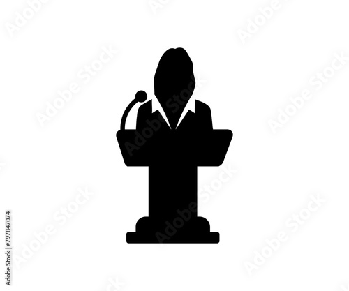 Conference icon female person on podium symbol with microphone in glyph pictogram. Conference speaker icon on transparent background.



