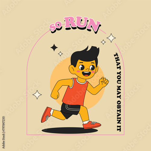 christian vector illustration in groove style. the boy runs as the bible says: So run that you may obtain it