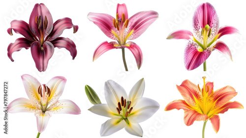 Collection of lily flower isolated on white or transparent background png cutout 