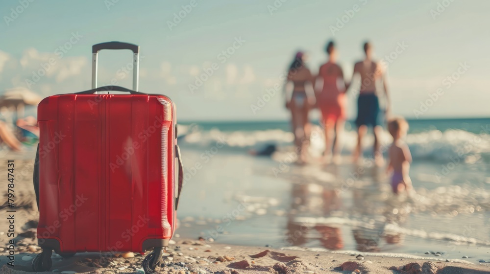 Family vacation concept with a red suitcase on a sandy beach and a blurred family walking towards the sea - AI generated.