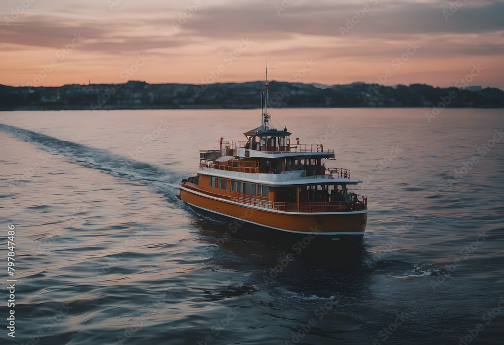 Twilight Voyage: Vintage Ferry Boat Cruising Through Calm Waters at Dusk