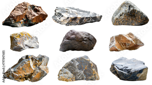 Set of boulder rock isolated on white or transparent background png cutout