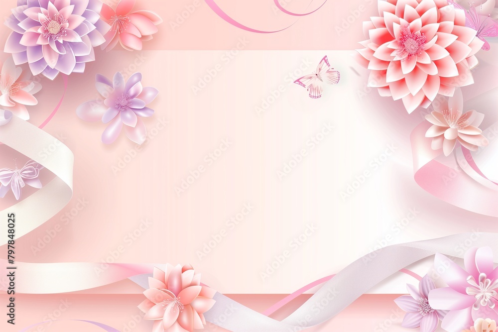 Fototapeta premium リボンとお花のプレゼントカードメッセージカード手紙フレーム背景