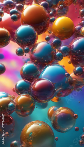 Bright colored spheres floating against a backdrop of rainbow hues create an abstract and magical image