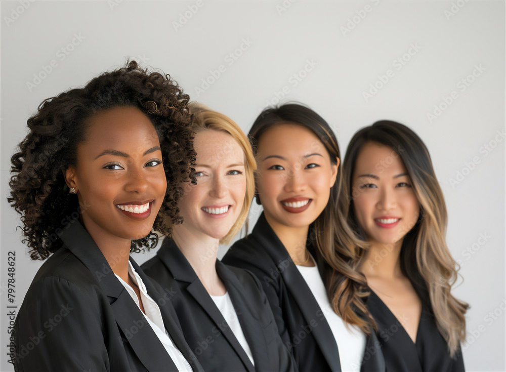 four smiling businesswomen team portrait in line and looking to the horizon four smiling businesswomen team portrait in line and looking to the horizon