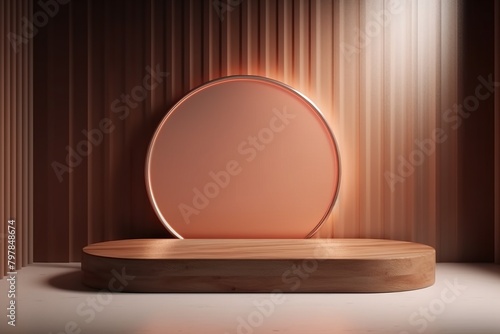 Podium mockup template wooden platform for products in the interior with a round element on the wall