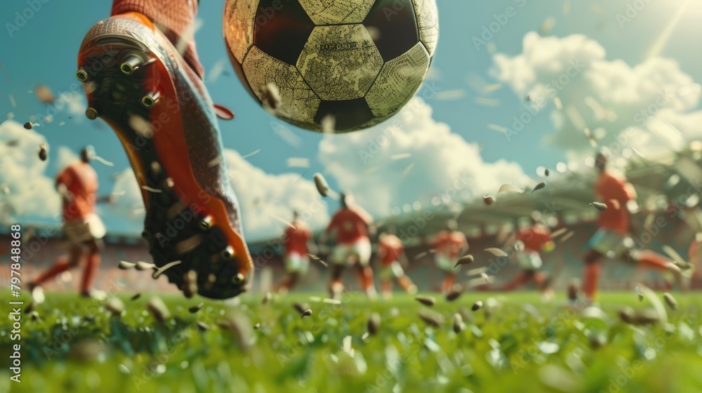 Soccer player about to kick the ball on a lush field, dynamic action shot capturing the energy of the game - AI generated