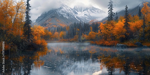 Autumn landscape of forest in Alaska in the morning