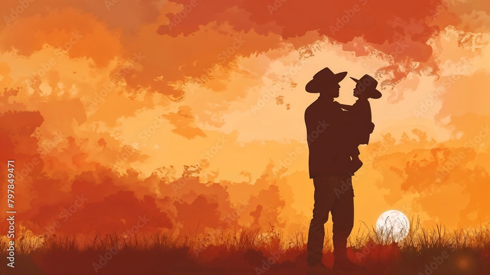 watercolor illustration of cowboy  dad, father and child standing in  field