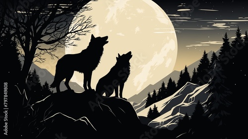 Elegant wolves silhouetted against a full moon on a snowy hilltop.