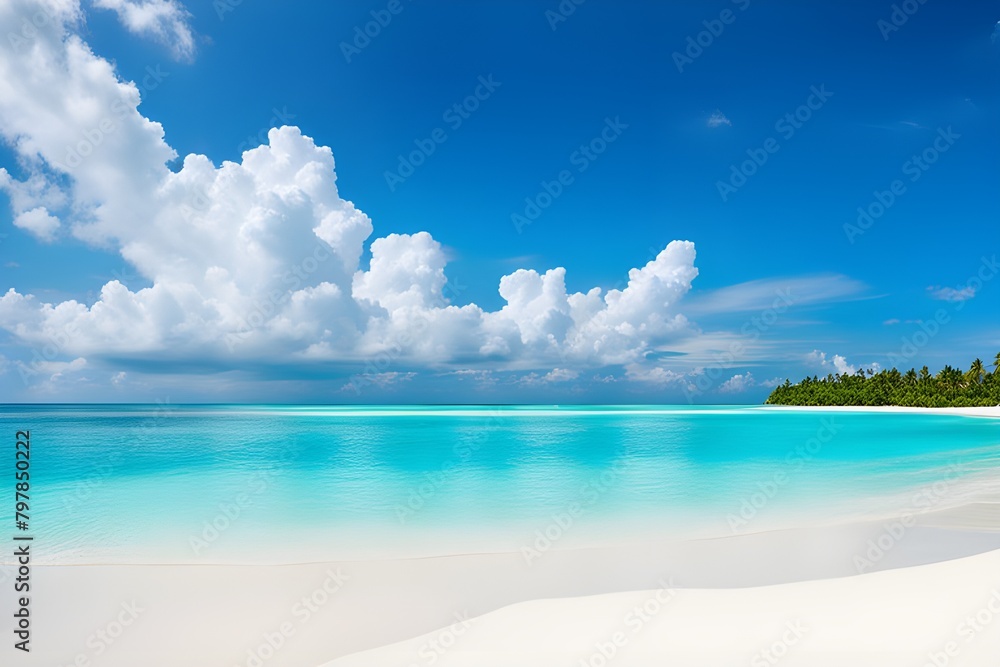 Beautiful sandy beach with white sand and rolling calm wave of turquoise ocean on Sunny day. White clouds in blue sky are reflected in water. Maldives, perfect aerial scenery.
Beautiful sandy beach with white sand and rolling calm wave of turquoise ocean on Sunny day. White clouds in blue sky are reflected in water. Maldives, perfect aerial scenery.