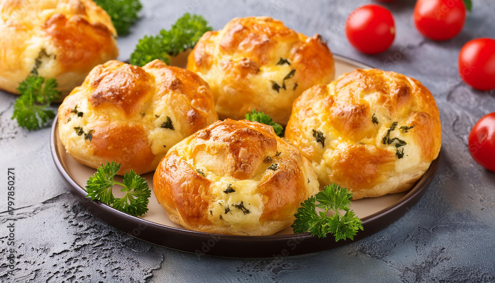 Close-up of cheesy bread buns with tomatoes and parsley on plate. Tasty bakery. Delicious food. Close-up of cheesy bread buns with tomatoes and parsley on plate. Tasty bakery. Delicious food.