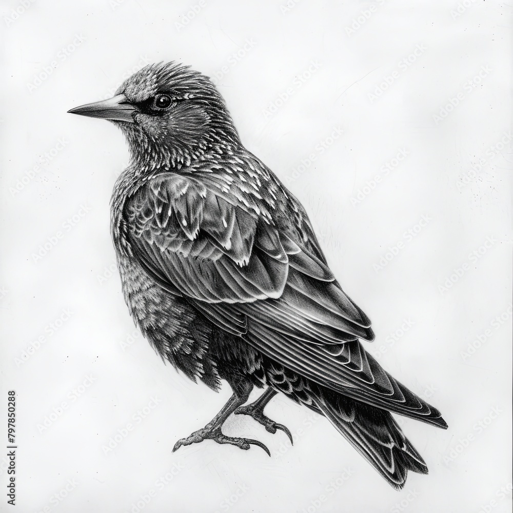 Detailed Pencil Sketch of a Starling Bird Black and White Drawing on a Blank White Background - obrazy, fototapety, plakaty 