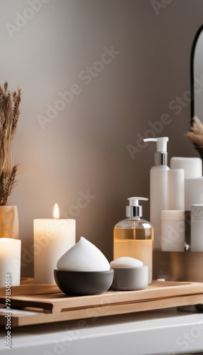 Cozy spa atmosphere: candles, body oil, and decorative elements on a wooden shelf, neutral background