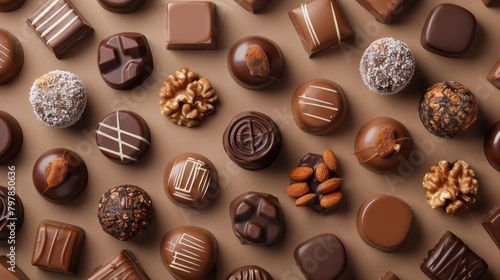 Chocolate and nuts, top view. Confectionery concept photo