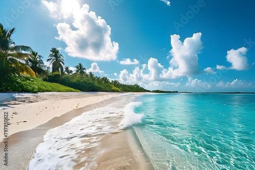 Beautiful sandy beach with white sand and rolling calm wave of turquoise ocean on Sunny day. White clouds in blue sky are reflected in water. Maldives, perfect aerial scenery. 