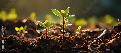Young green plant growing in soil. Nature background. Ecology concept. Seedling Growth
