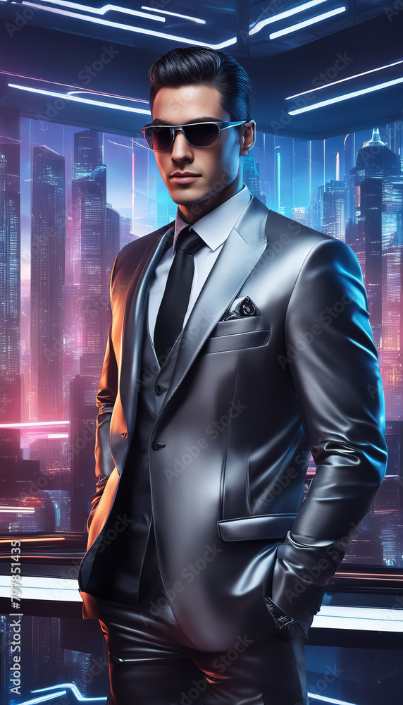 Elegant businessman in blue suit standing before panoramic windows with a night city view