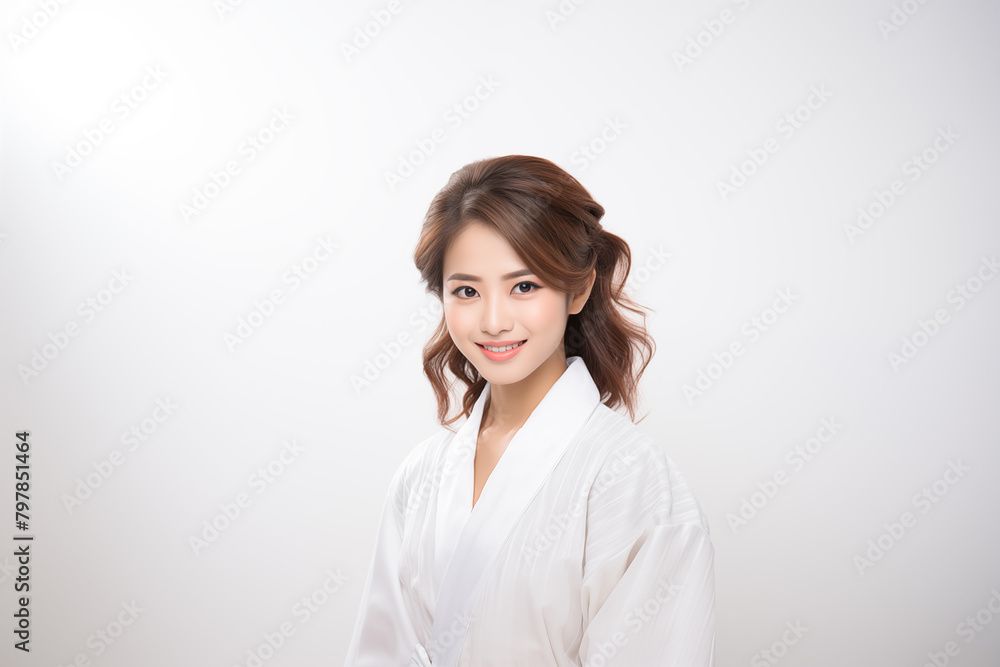 Teen pretty Japanese girl over isolated white background in a bathrobe Teen pretty Japanese girl over isolated white background in a bathrobe