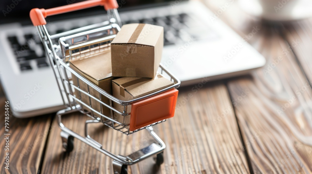 photo of online shopping with cardboard boxes on a trolley shopping basket with a laptop keyboard in the background photo of online shopping with cardboard boxes on a trolley shopping basket with a laptop keyboard in the background