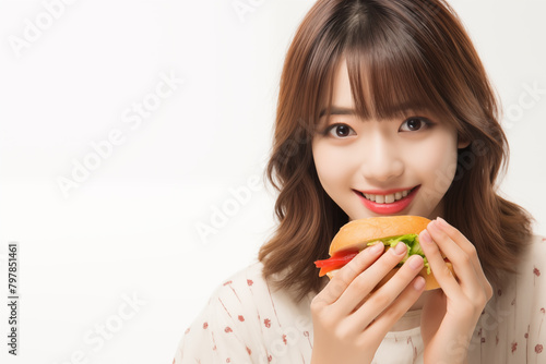 Teen pretty Japanese girl over isolated white background holding a burger
