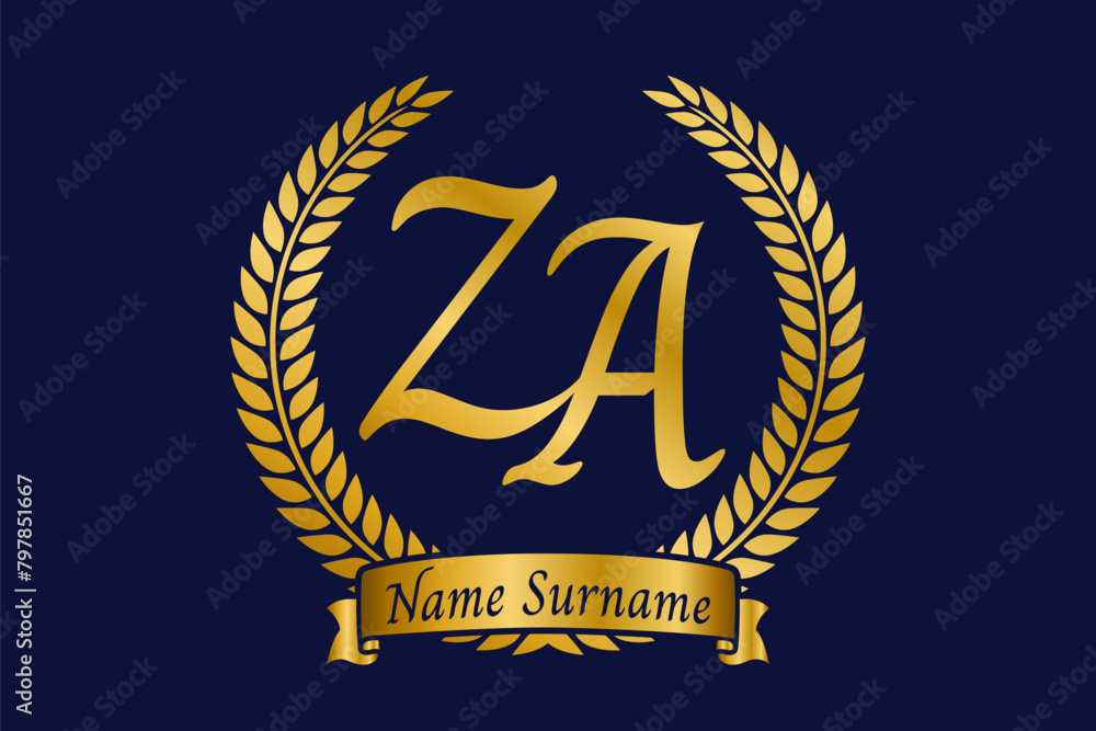 Fototapeta premium Initial letter Z and A, ZA monogram logo design with laurel wreath. Luxury golden calligraphy font.