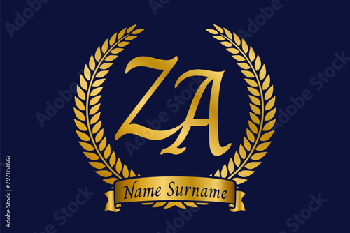 Initial letter Z and A, ZA monogram logo design with laurel wreath. Luxury golden calligraphy font. photo