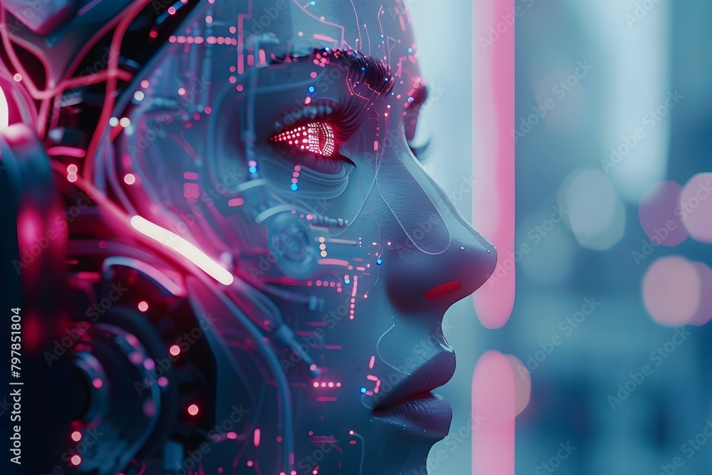 Female robot face, closeup Female robot face, closeup
