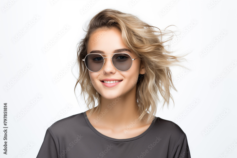 Young pretty blonde girl over isolated white background with sunglasses Young pretty blonde girl over isolated white background with sunglasses