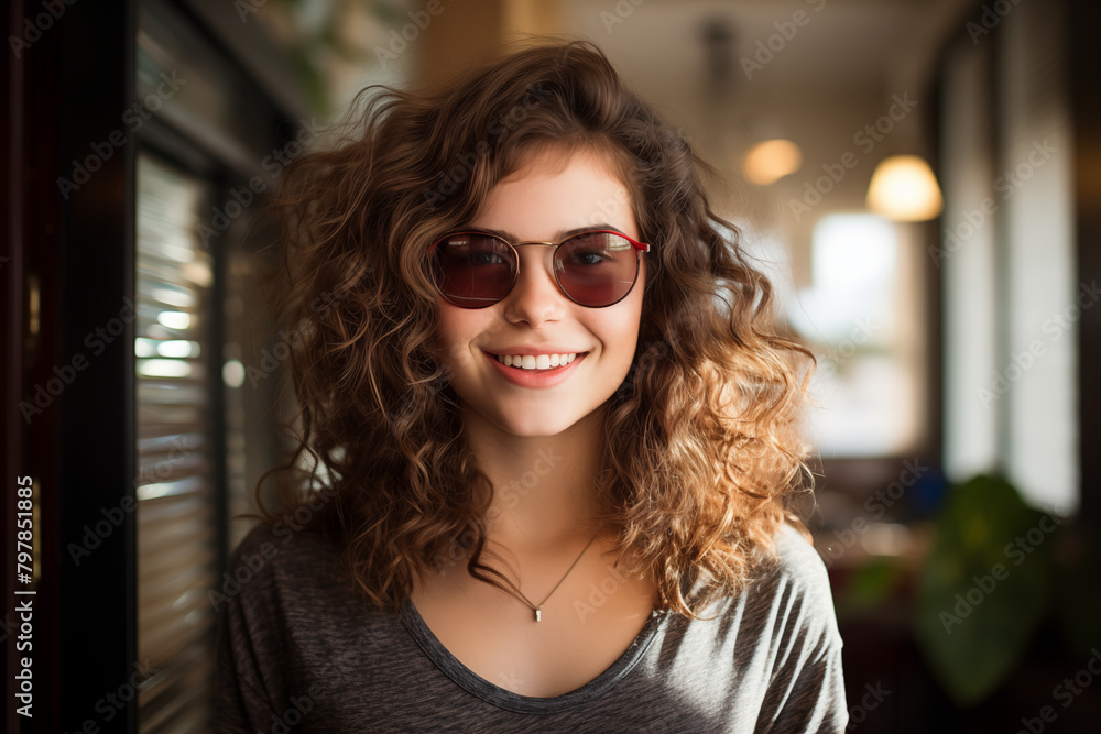 Young pretty brunette girl at indoors with sunglasses