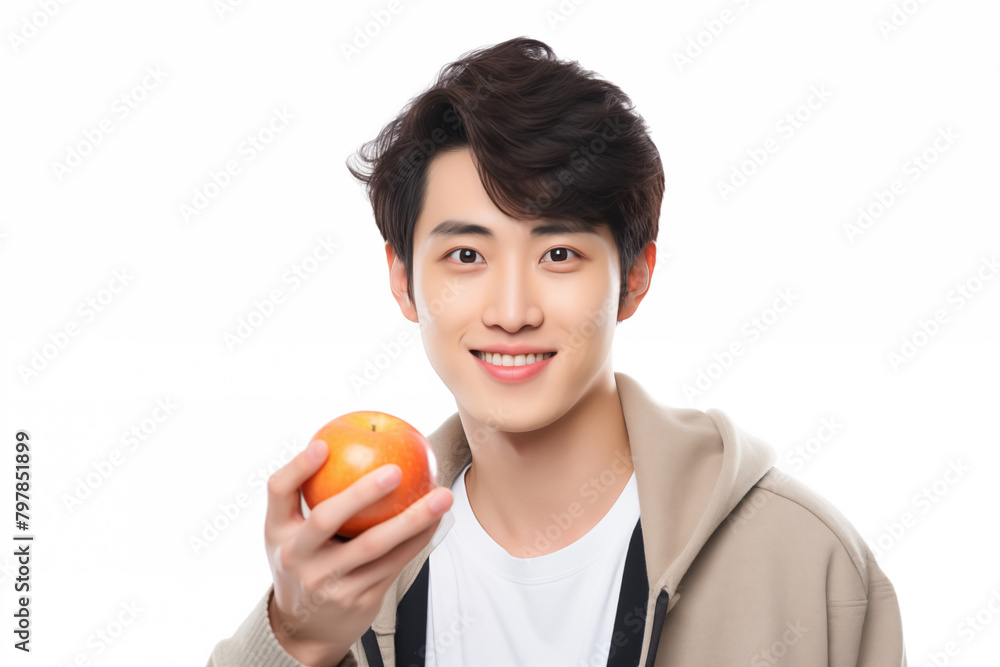 Chinese man over isolated white background holding an orange Chinese man over isolated white background holding an orange