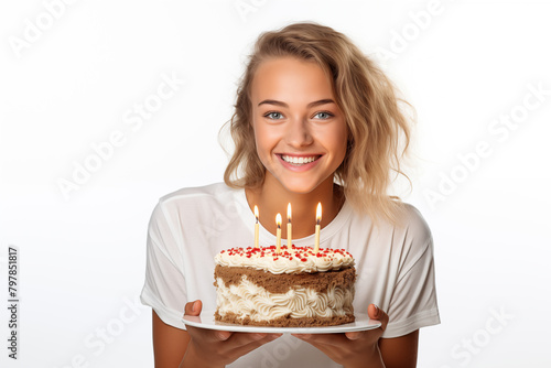 Young pretty blonde girl over isolated white background holding birthday cake