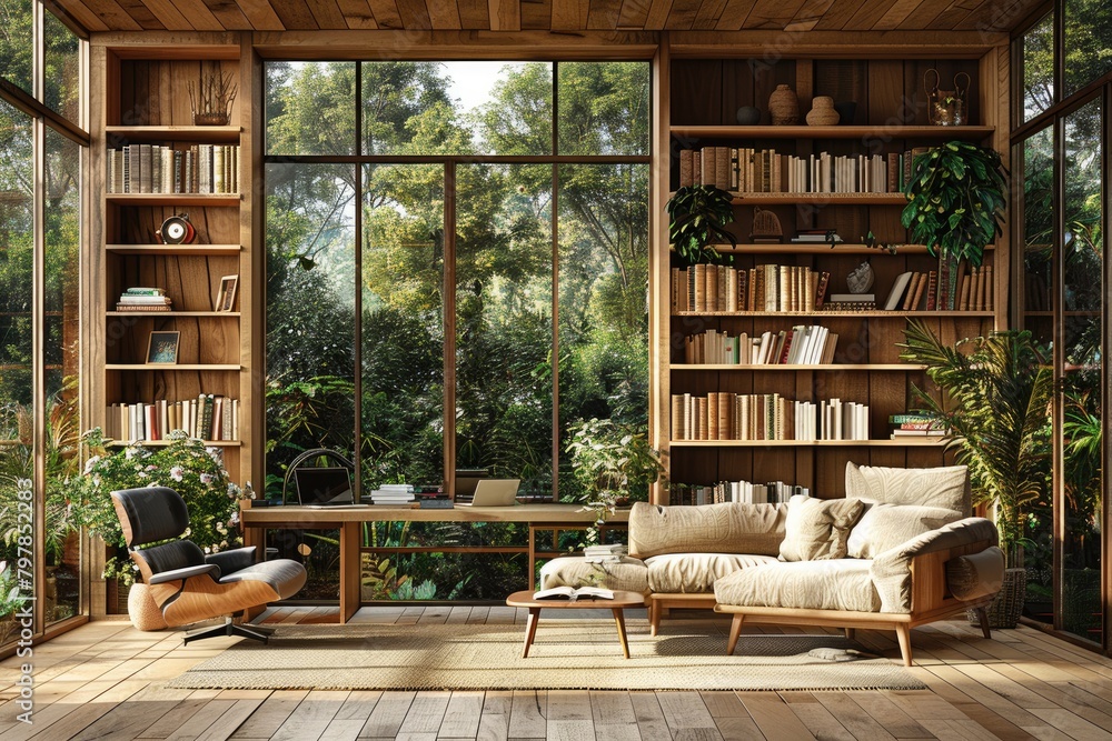 Fototapeta premium home office in the living room with wooden floor design style inspiration ideas