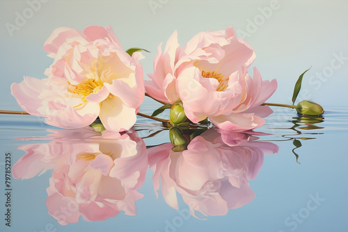 pink peony flower on the water surface with reflection © World of AI