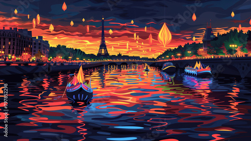 Illustration in the style of vector of cityscape of paris seine river at dusk