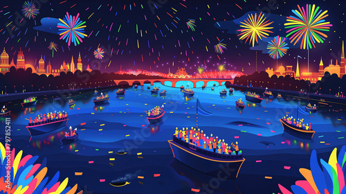 Illustration in the style of vector, the Paris Olympics openning ceremony on seine river at night