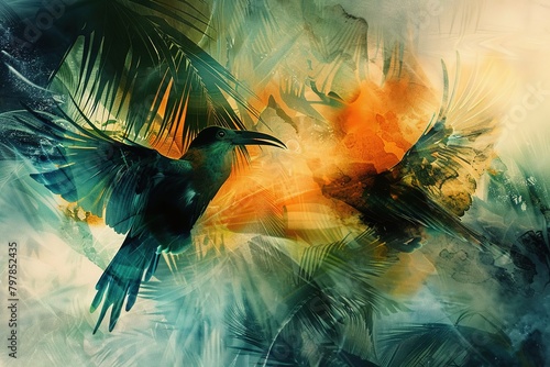 An artistic depiction of abstract birds with watercolor-like wings, blending into the tropical landscape with a dreamy and ethereal quality