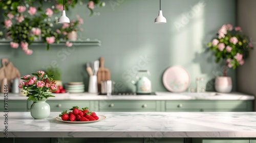 Clean and empty marble countertop, green vintage kitchen furniture with lots of flowers and bowl of strawberries, pair of white hanging pendant lights, various crockery in blurred background photo