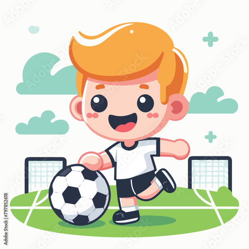 Vector a boy playing soccer with a soccer ball and a blue sky behind him