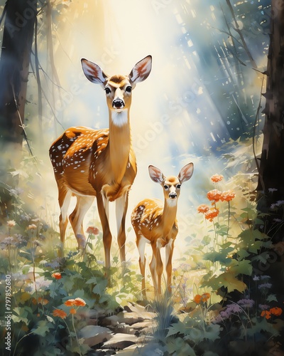 Bring to life a peaceful watercolor panorama filled with the beauty of nature Picture a family of elegant deer harmoniously grazing in a sunlit forest clearing, creating a scene of serene tranquility