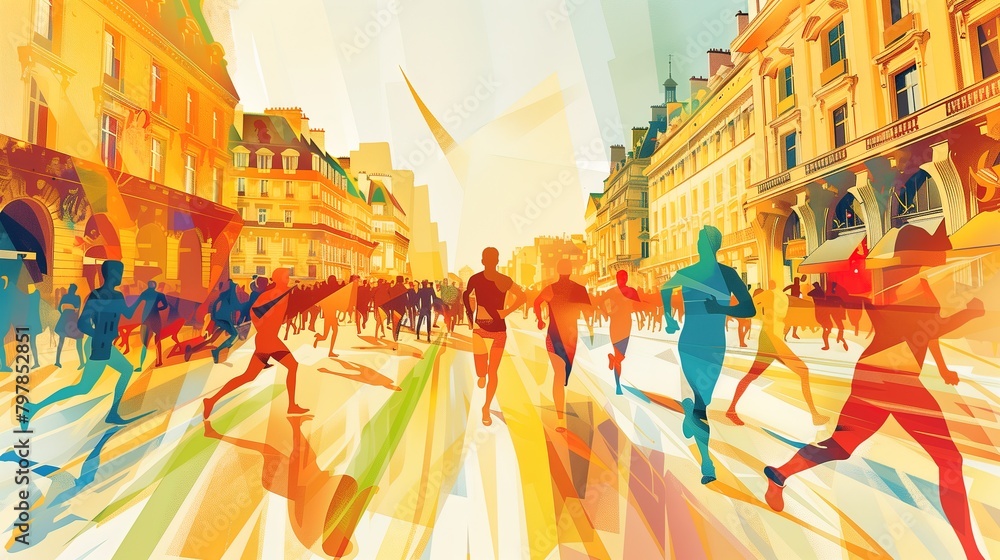 Abstract watercolor illustration of athletes running through the streets of Paris