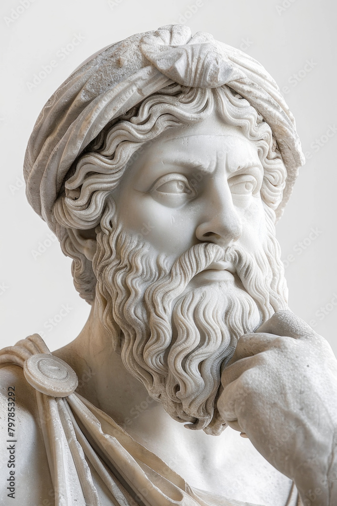 Marble statue depicting a man with a beard standing upright
