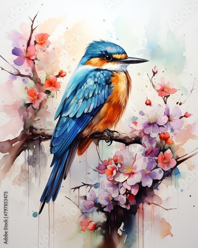 Bring to life the playful curiosity of a colorful bird perched on a blooming branch  surrounded by fluttering butterflies  with vibrant watercolor strokes
